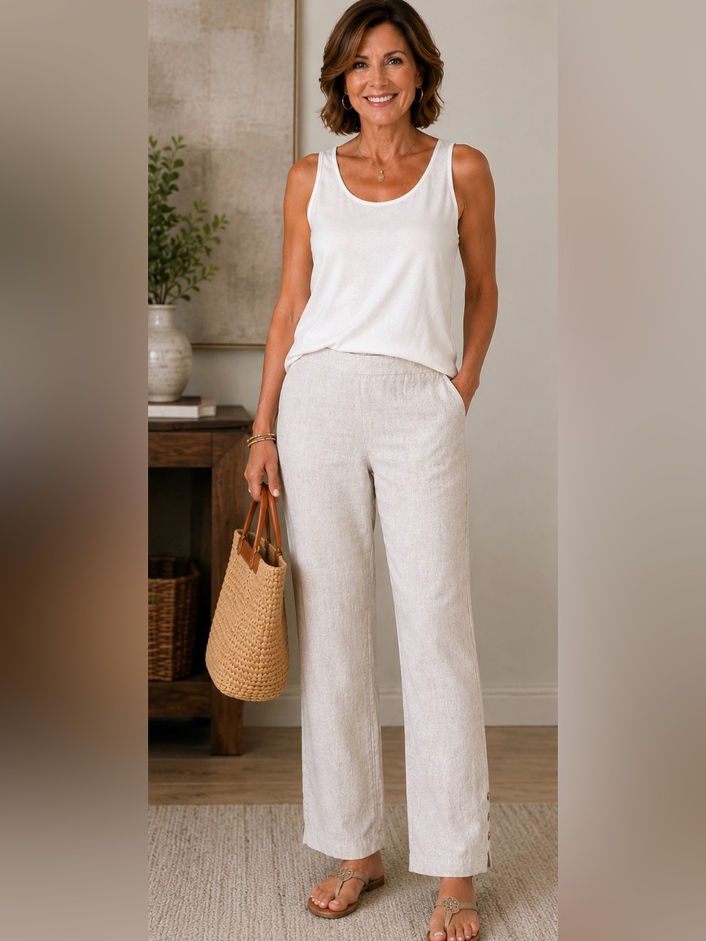 Chico's Cream Wide-Leg Textured Pull-On Pants size 6